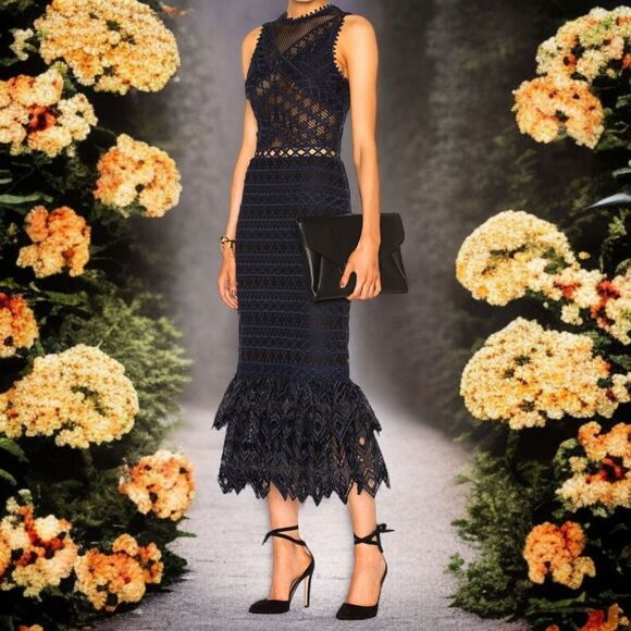 Jonathan Simkhai Sheer Lace Dress Sz 2 Midi NEW Lattice Embroidered Trumpet - Picture 14 of 16